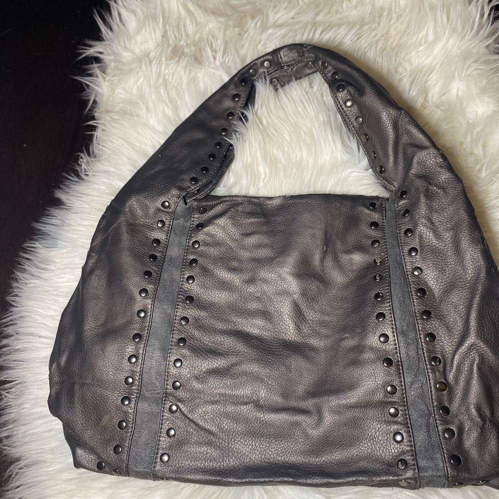 Gray Hobo Studded Bag with Slouchy Shape and Wide Strap